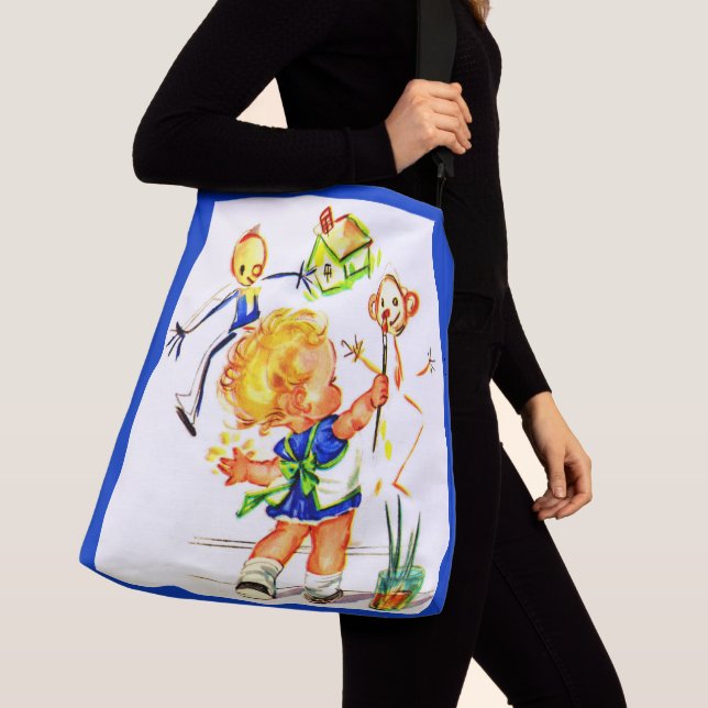 cute little girl painting on the wall print crossbody bag (Close Up)
