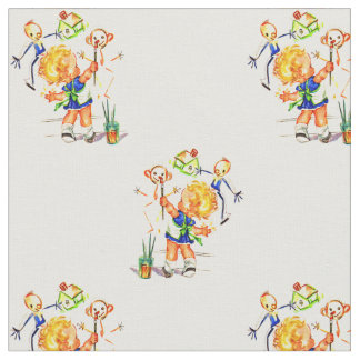 cute little girl painting on the wall print fabric