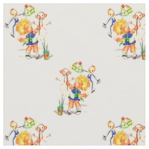 cute little girl painting on the wall print fabric