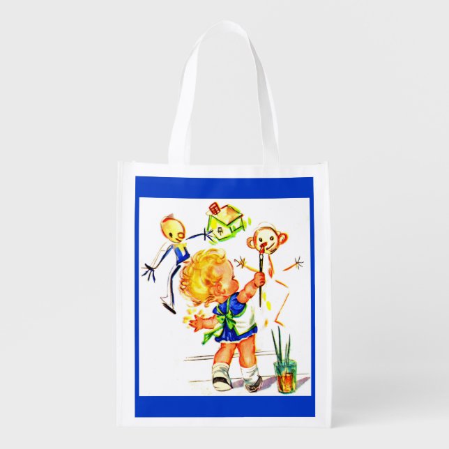 cute little girl painting on the wall print grocery bag (Front)