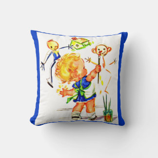 cute little girl painting on the wall print throw pillow