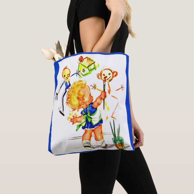 cute little girl painting on the wall print tote bag (Close Up)