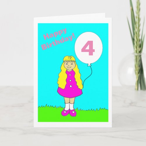 Cute Little Girl Pink Aged 4 Birthday Card