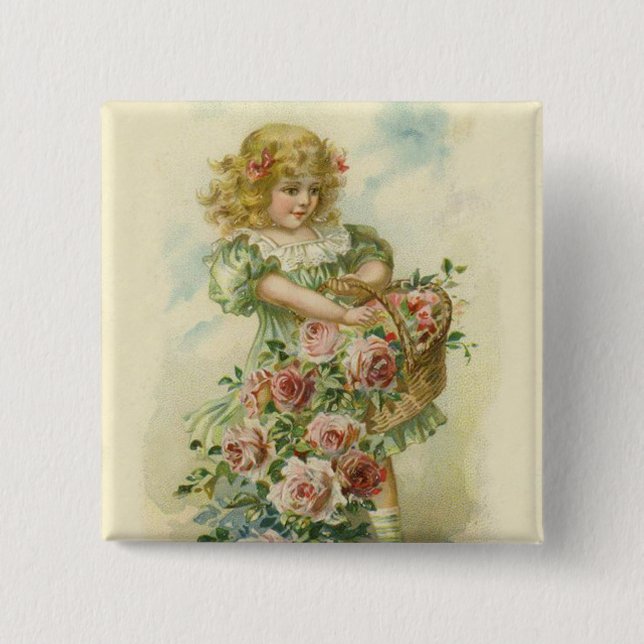 Cute Little Girl Pink Roses Pinback Button (Front)