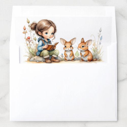 Cute Little Girl Reading Book to Rabbits Flowers Envelope Liner