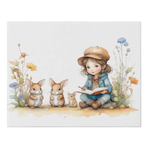 Cute Little Girl Reading to Bunnies and Flowers  Faux Canvas Print