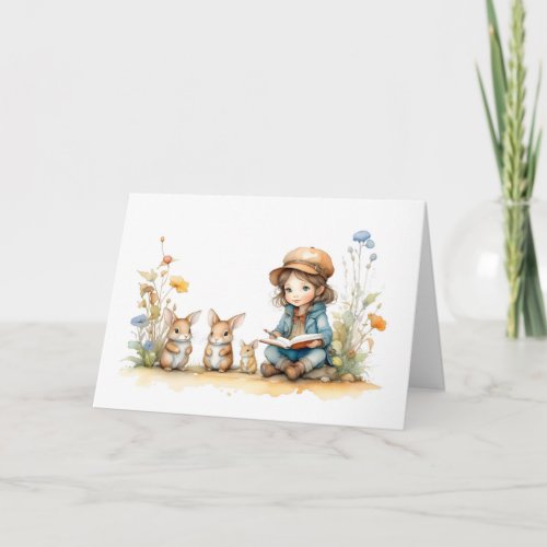 Cute Little Girl Reading to Bunnies Blank Greeting Card
