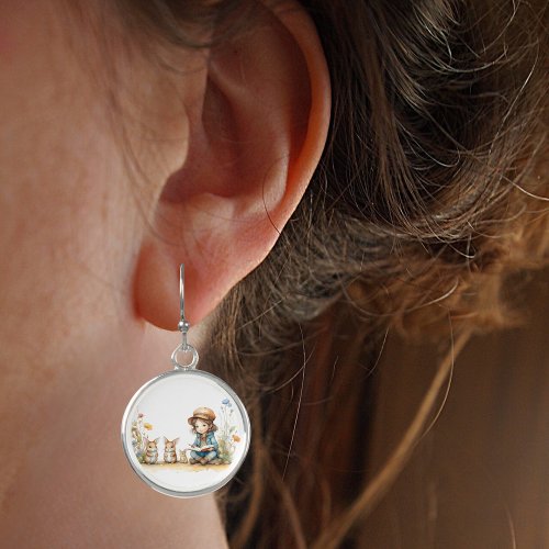 Cute Little Girl Reading to Bunnies Silver Round  Earrings