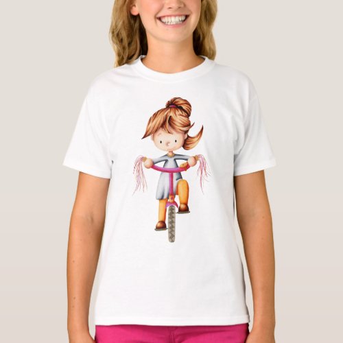 Cute little girl riding a bike illustrated T_Shirt