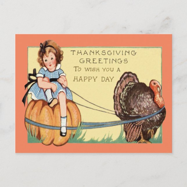 Cute Little Girl Riding A Pumpkin Turkey Postcard (Front)