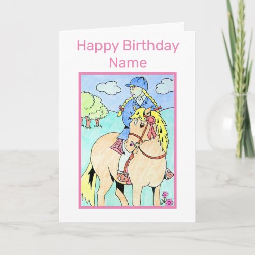 Cute Little Girl Riding Pony Cartoon Birthday Card