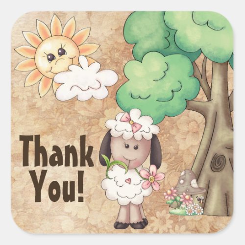 Cute Little Girl Sheep and Flowers Thank You Square Sticker