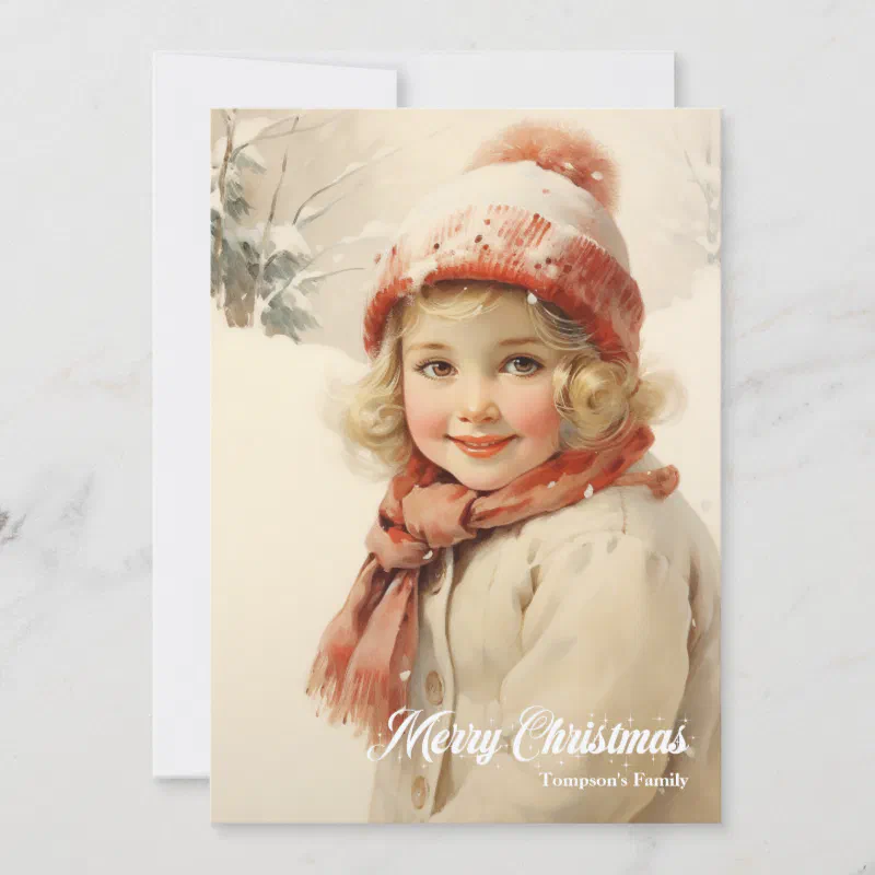 Cute little girl snow forest red scarf Christmas Holiday Card (Front)