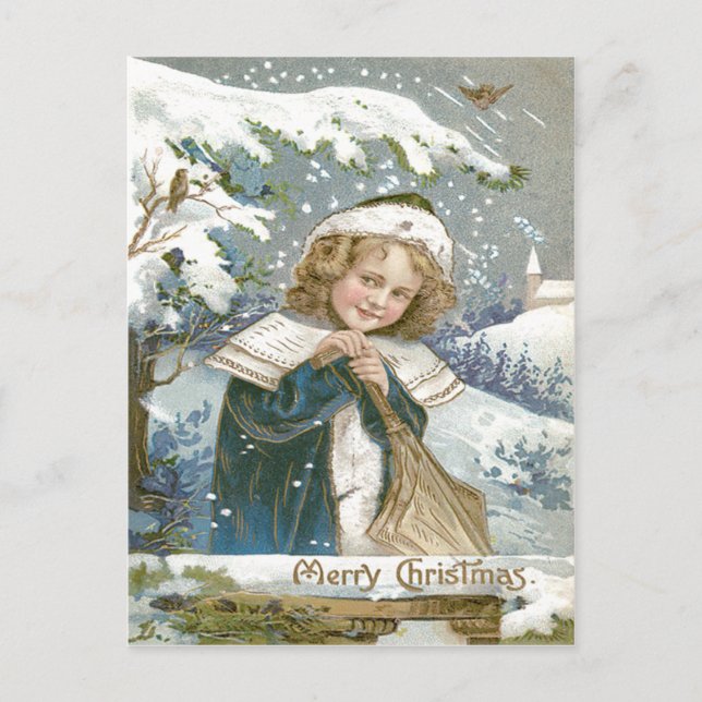 Cute Little Girl Snow Tree Church Postcard (Front)