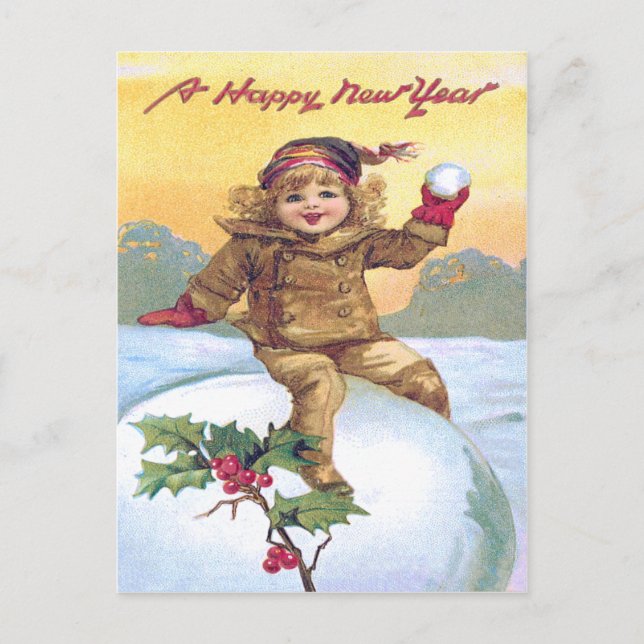 Cute Little Girl Snowball Holly Snow Postcard (Front)