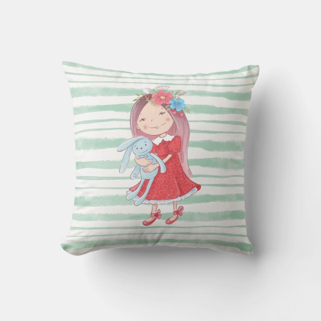 Cute Little Girl Stuffed Rabbit Toy  Throw Pillow (Front)