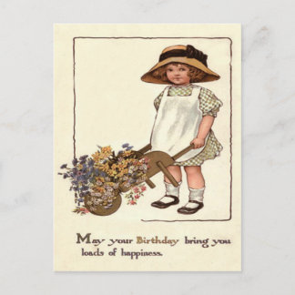 Cute Little Girl Wheelbarrow Flowers Postcard