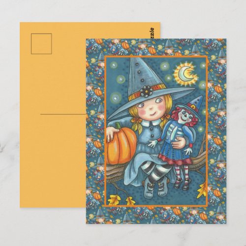 CUTE LITTLE GIRL WITCH, RAG DOLL, HAPPY HALLOWEEN POSTCARD