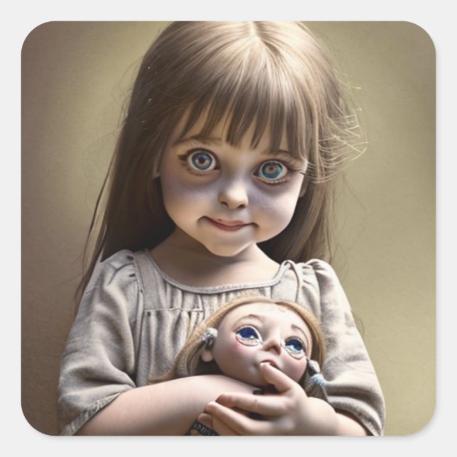 Cute Little Girl with Big Eyes and Creepy Doll Square Sticker (Front)