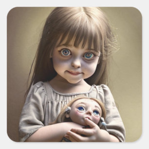 Cute Little Girl with Big Eyes and Creepy Doll Square Sticker
