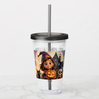 Cute little girl with black cat Happy Halloween Acrylic Tumbler