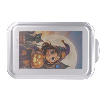 Cute little girl with black cat Happy Halloween Cake Pan