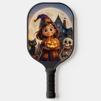 Cute little girl with black cat Happy Halloween Carbon Fiber Pickleball Paddle