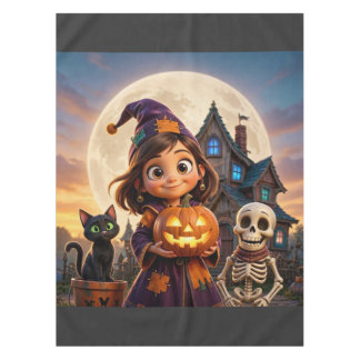 Cute little girl with black cat Happy Halloween Tablecloth