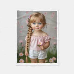 Cute Little Girl With Braided Hair And Pink Flower Fleece Blanket
