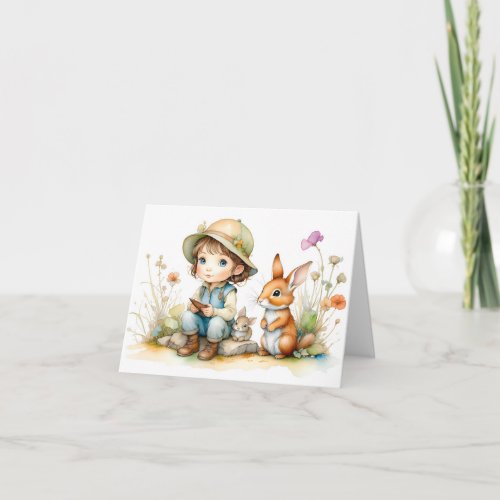 Cute Little Girl with Bunnies and Flowers Blank  Card