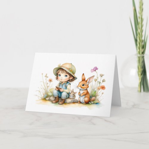 Cute Little Girl with Bunnies and Flowers Blank  Card