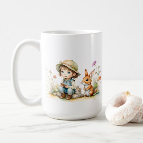 Cute Little Girl with Bunnies and Flowers  Coffee Mug