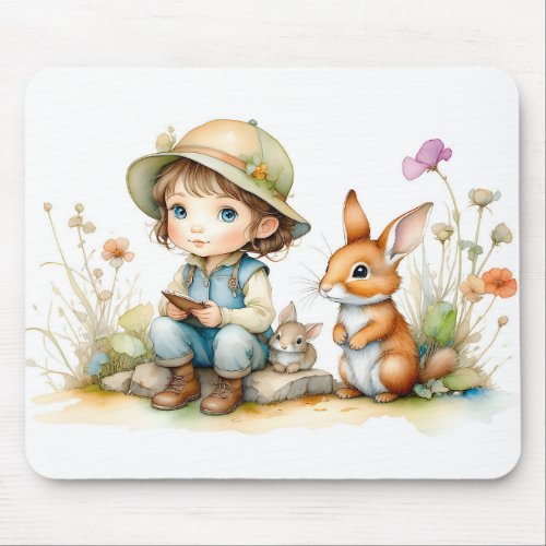 Cute Little Girl with Bunnies and Flowers Desk Mouse Pad
