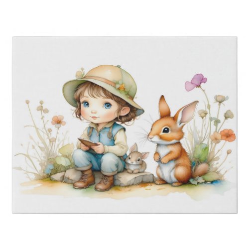 Cute Little Girl with Bunnies and Flowers  Faux Canvas Print