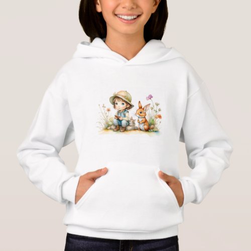 Cute Little Girl with Bunnies and Flowers Kids Hoodie