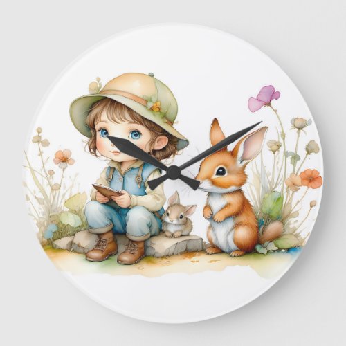 Cute Little Girl with Bunnies and Flowers  Large Clock