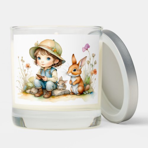 Cute Little Girl with Bunnies and Flowers  Scented Candle