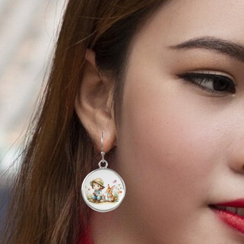 Cute Little Girl with Bunnies and Flowers Silver  Earrings