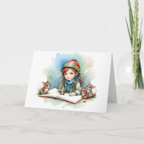 Cute Little Girl with Bunny Rabbit Friends Blank Card