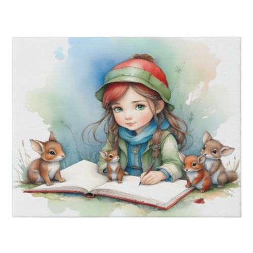 Cute Little Girl with Bunny Rabbit Friends Faux Canvas Print