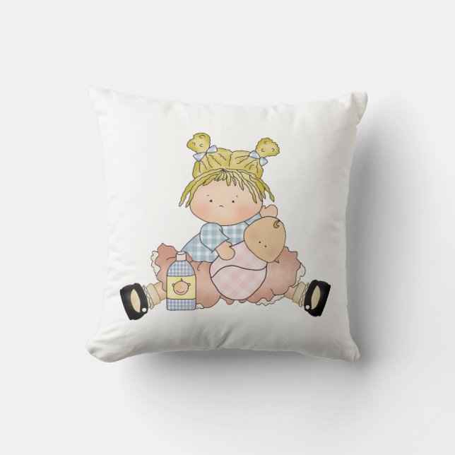 Cute Little Girl with Doll Throw Pillow (Front)