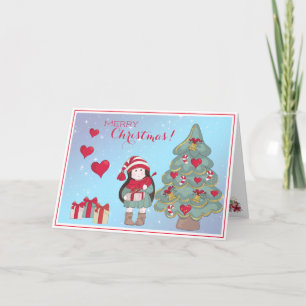 Cute Little Girl With Gifts and Christmas Tree Holiday Card