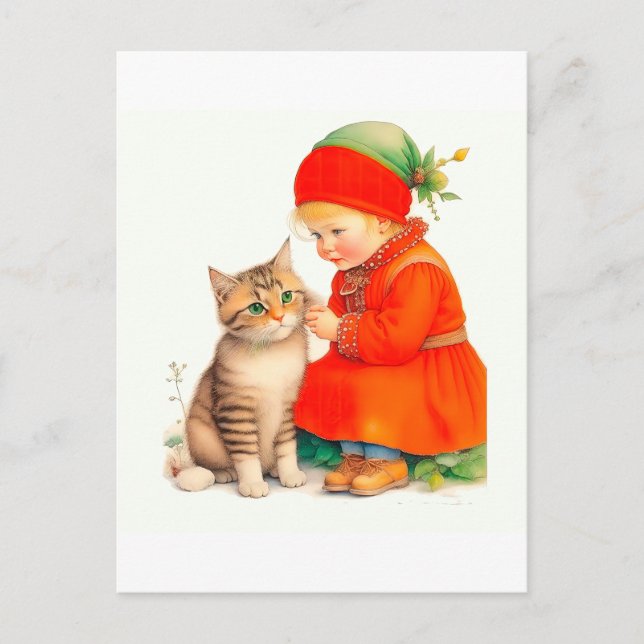 Cute Little Girl With Kitten Chritmas  Postcard (Front)