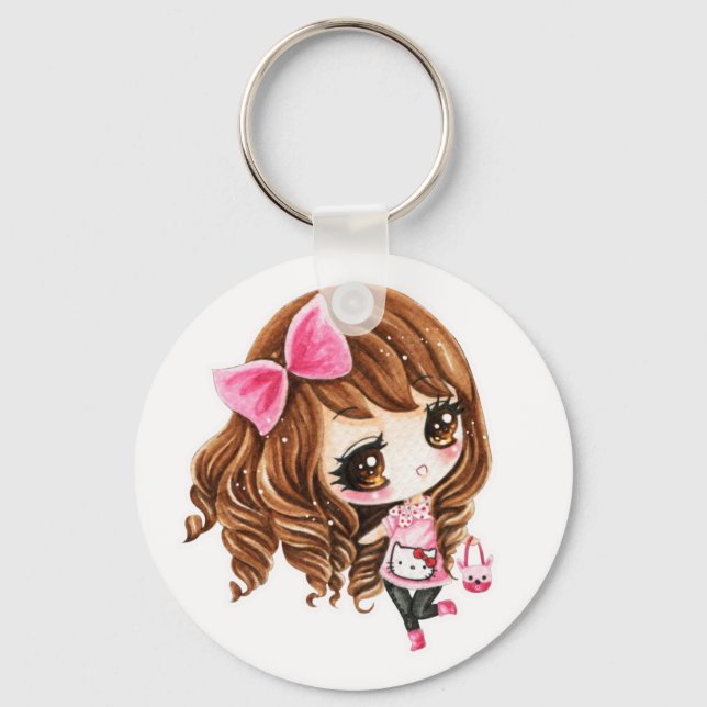 Cute little girl with pink big bow keychain (Front)