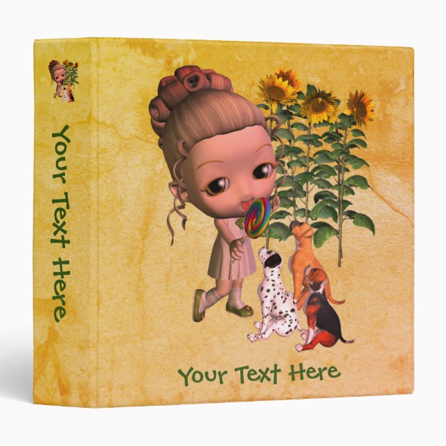 Cute Little Girl With Puppies Personalized 3 Ring Binder (Front/Spine)