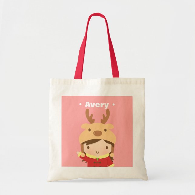 Cute Little Girl with Reindeer Hat and Red Jacket Tote Bag (Front)
