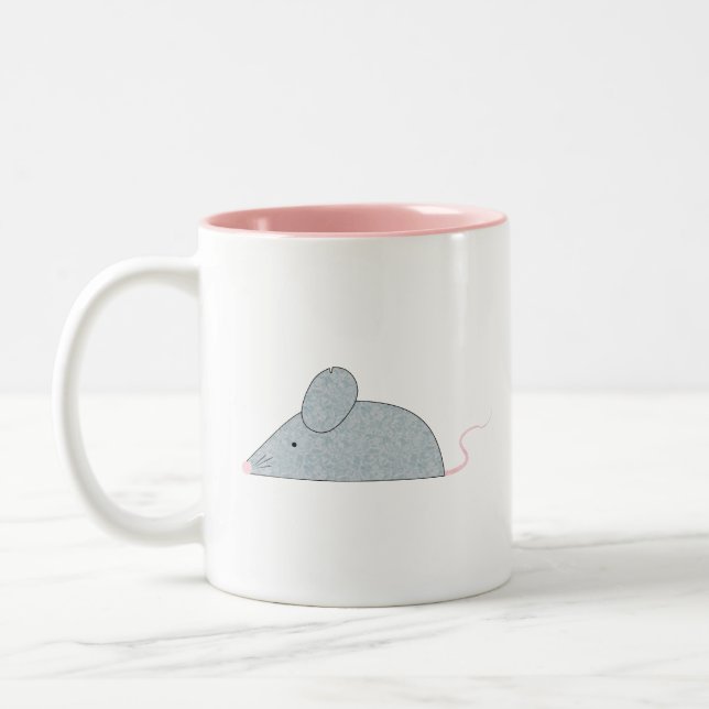 Cute Little Gray Mouse with a pink tail and nose Two-Tone Coffee Mug (Left)