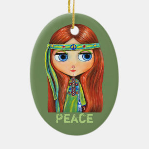 Cute Little Green Hippie Girl Peace Sign Ceramic Ornament