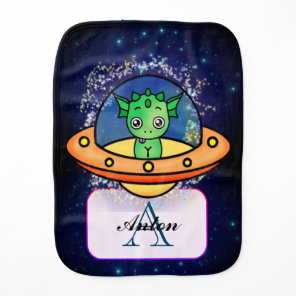 Cute Little Green Monster in Yellow Ufo Baby Burp Cloth
