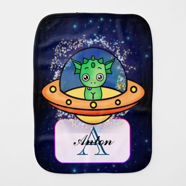 Cute Little Green Monster in Yellow Ufo Baby Burp Cloth (Front)